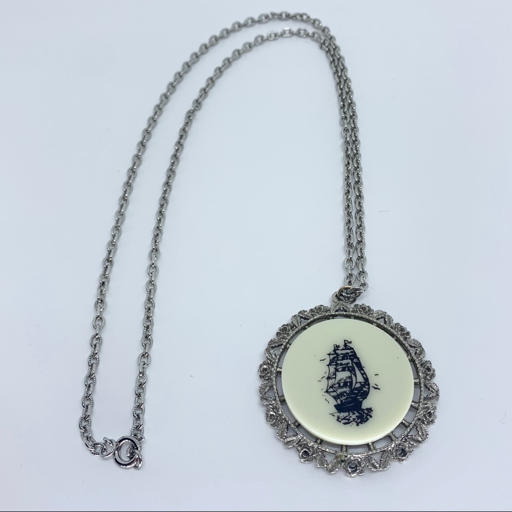 Vintage Faux Scrimshaw Sailboat Medallion Necklace